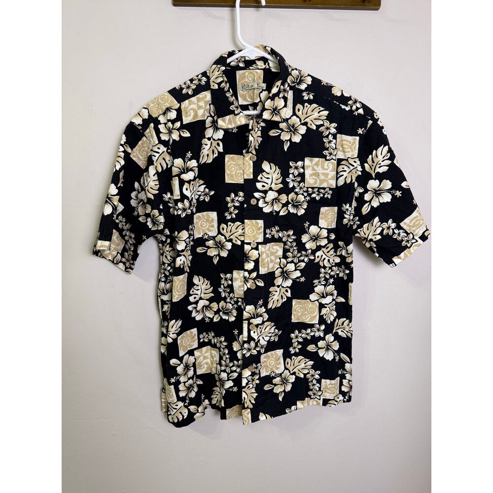 Batik Bay Mens L Hawaiian Short Sleeve Button Up Shirt Black / Tan Hibiscus Sun - Picture 1 of 4